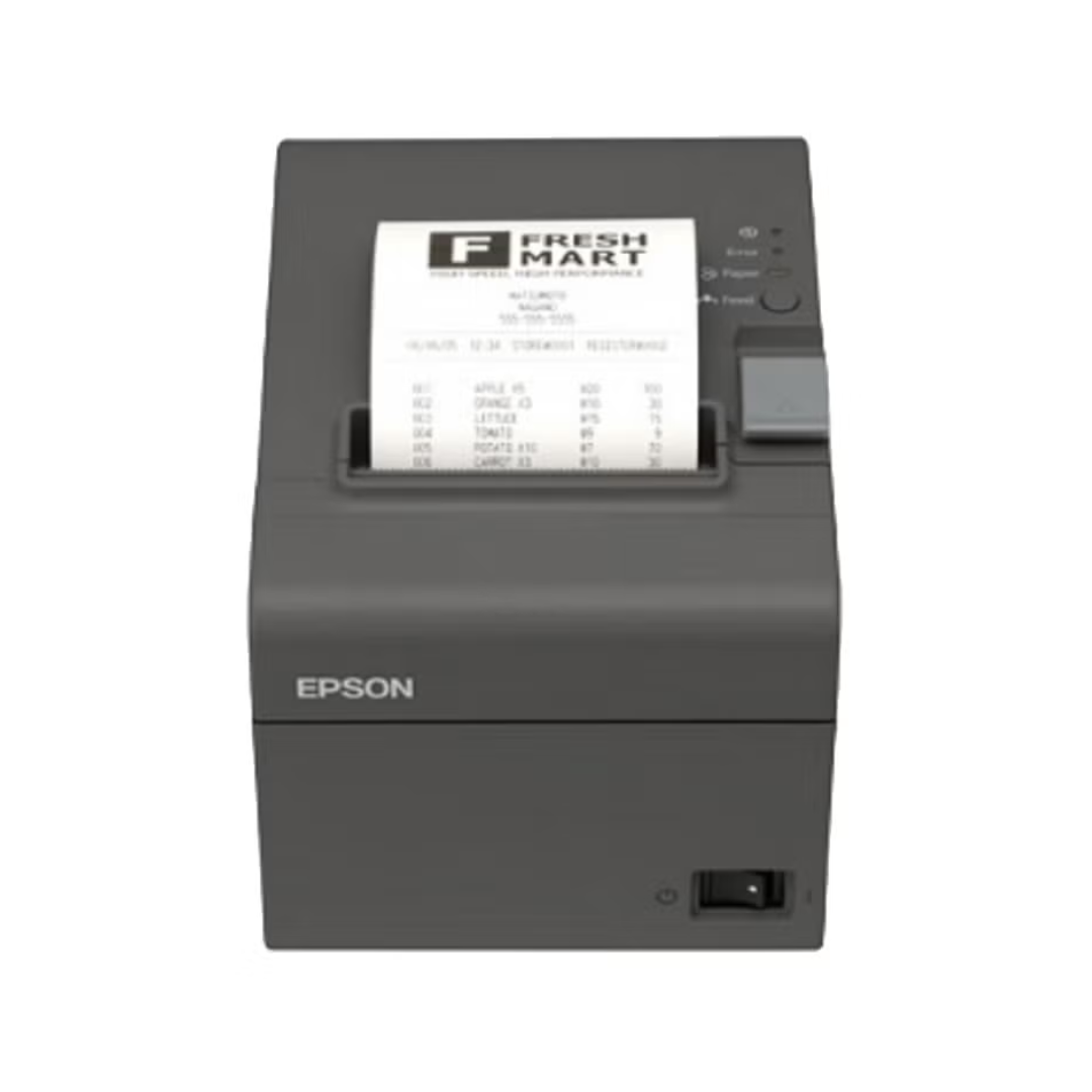Epson thermal printer with a printed receipt on a white background